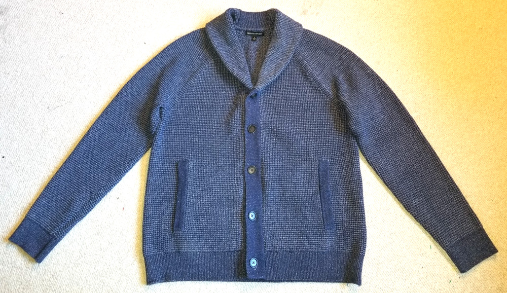 Mens Sweater-BANANA REPUBLIC-blue marled "Waffle shawl collar" Cardigan-L